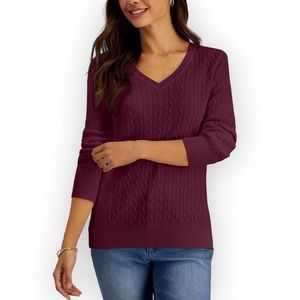 💚Karen Scott Women Cable-Knit V-Neck Cotton Sweater (Merlot)